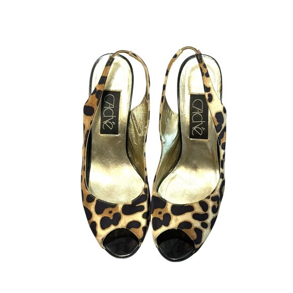 Cache Women's Leopard Print Slingback Peep Toe Leather Sole Stiletto Heels - Picture 5 of 10